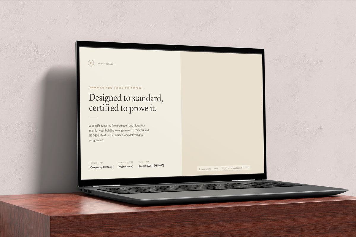 Beige Commercial Fire Protection Proposal Template in PowerPoint, shown on a laptop