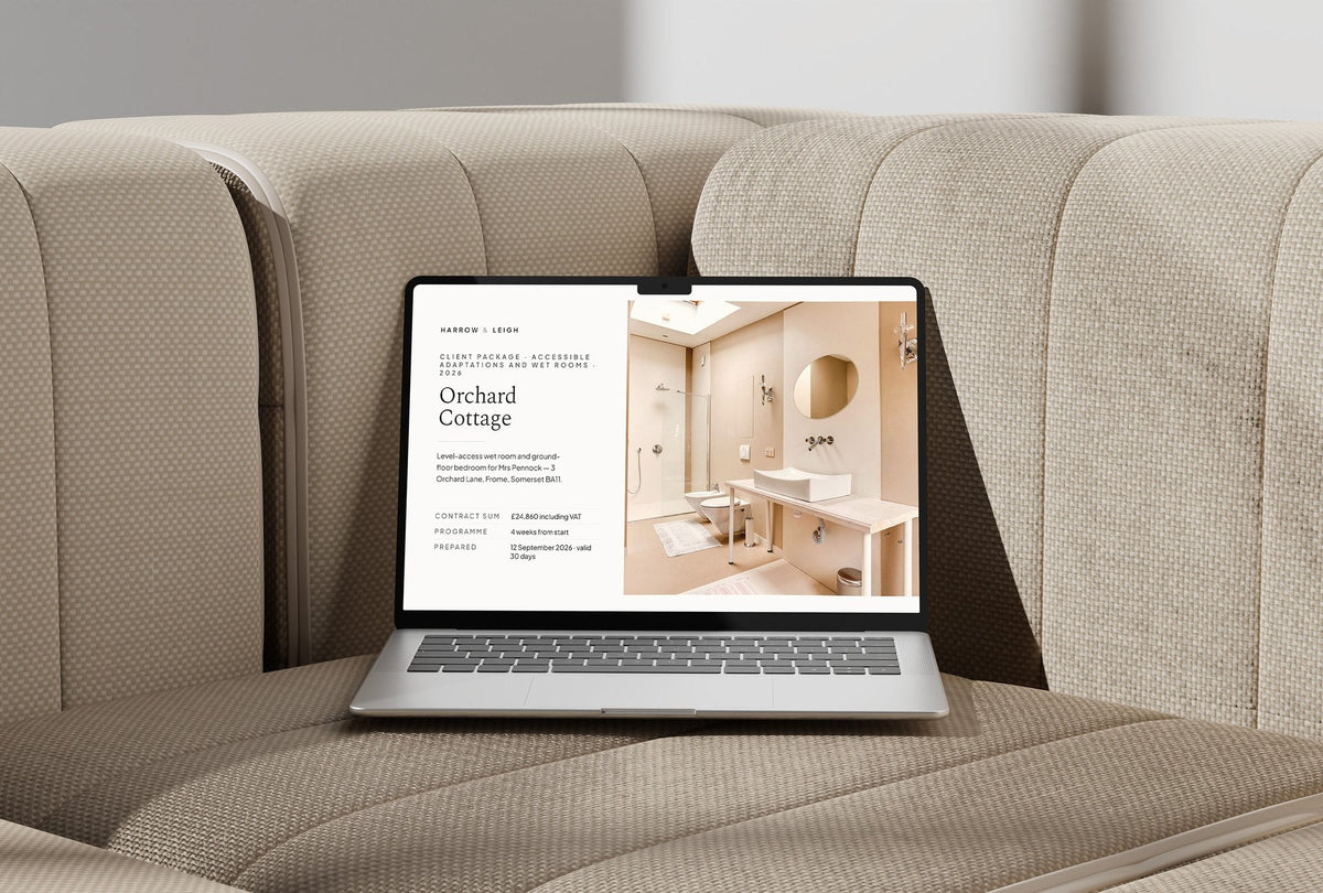 Accessible Adaptations Client Package, Ivory colourway, laptop screen mockup
