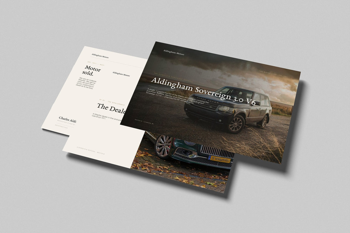 Prestige Car Dealer Customer Pack in PowerPoint, printed pages floating
