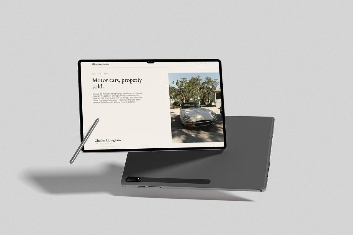 Prestige Car Dealer Customer Pack in PowerPoint, inside pages shown on a tablet