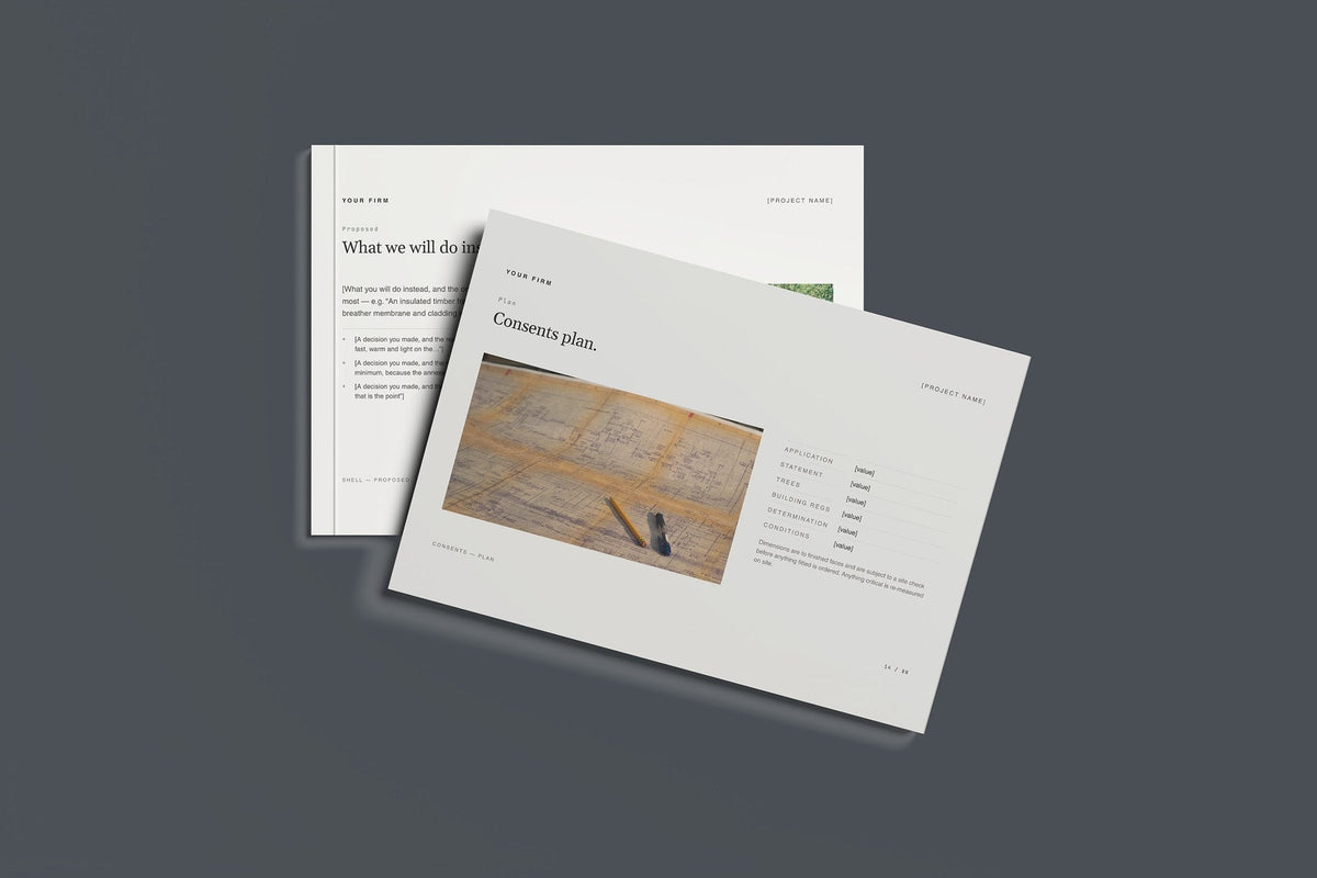 Annexe and Granny Flat Client Package, Standard colourway, front and back cover mockup