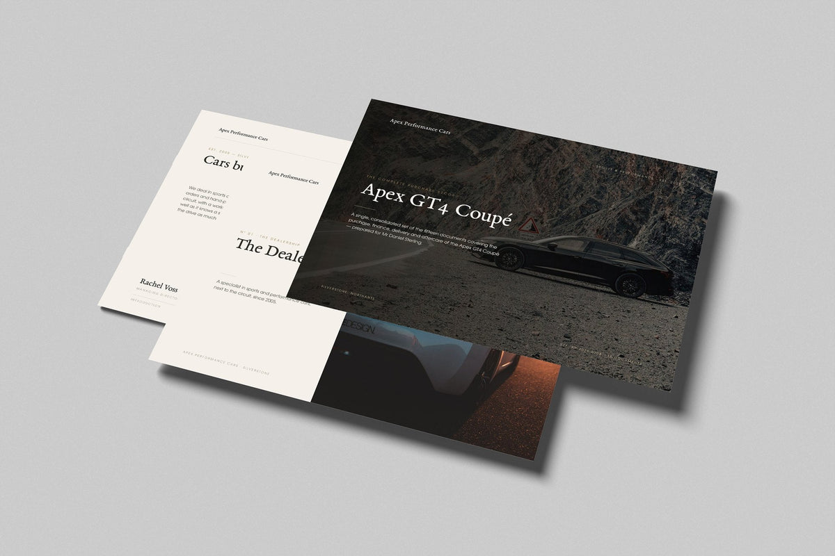 Performance Car Dealer Customer Pack in PowerPoint, printed pages floating