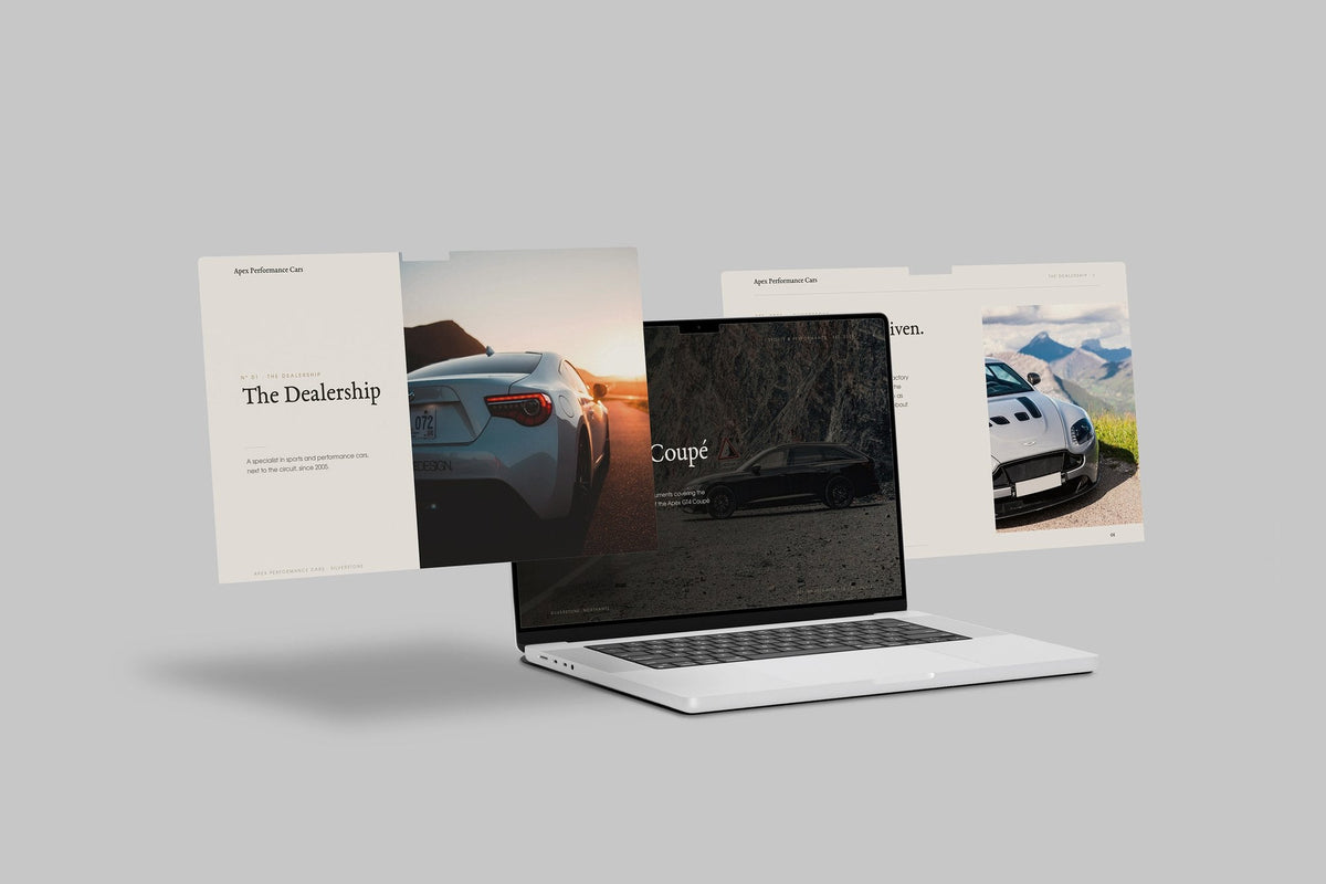 Performance Car Dealer Customer Pack in PowerPoint, shown on laptop screens