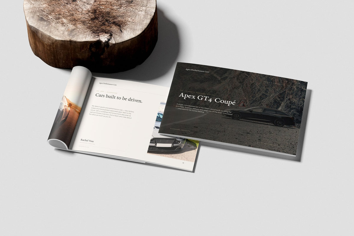Performance Car Dealer Customer Pack in PowerPoint, printed and rolled