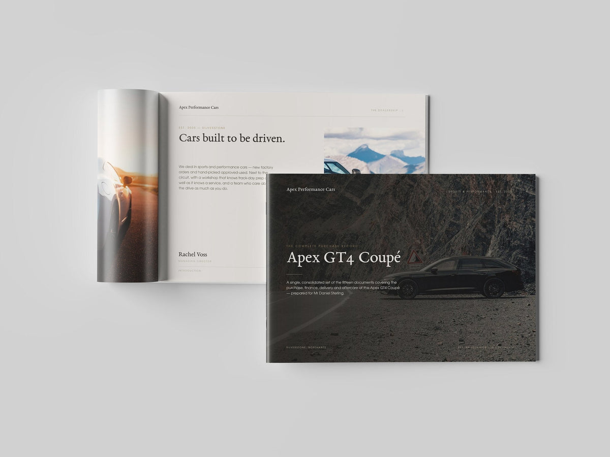 Performance Car Dealer Customer Pack in PowerPoint, printed and open at an inside page