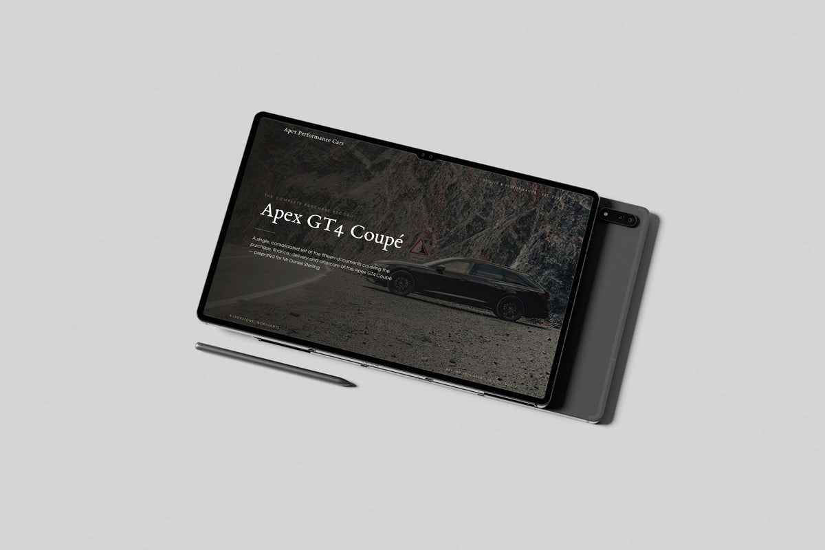 Performance Car Dealer Customer Pack in PowerPoint, shown on a tablet