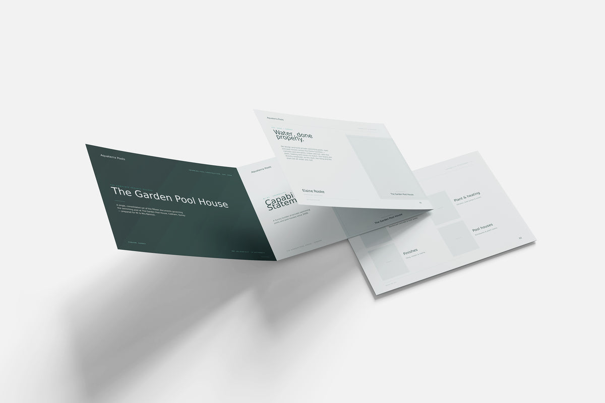Swimming Pool Builder Project Pack in PowerPoint, printed documents stacked