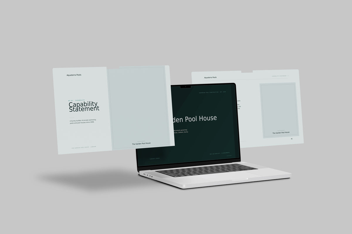 Swimming Pool Builder Project Pack in PowerPoint, shown on laptop screens