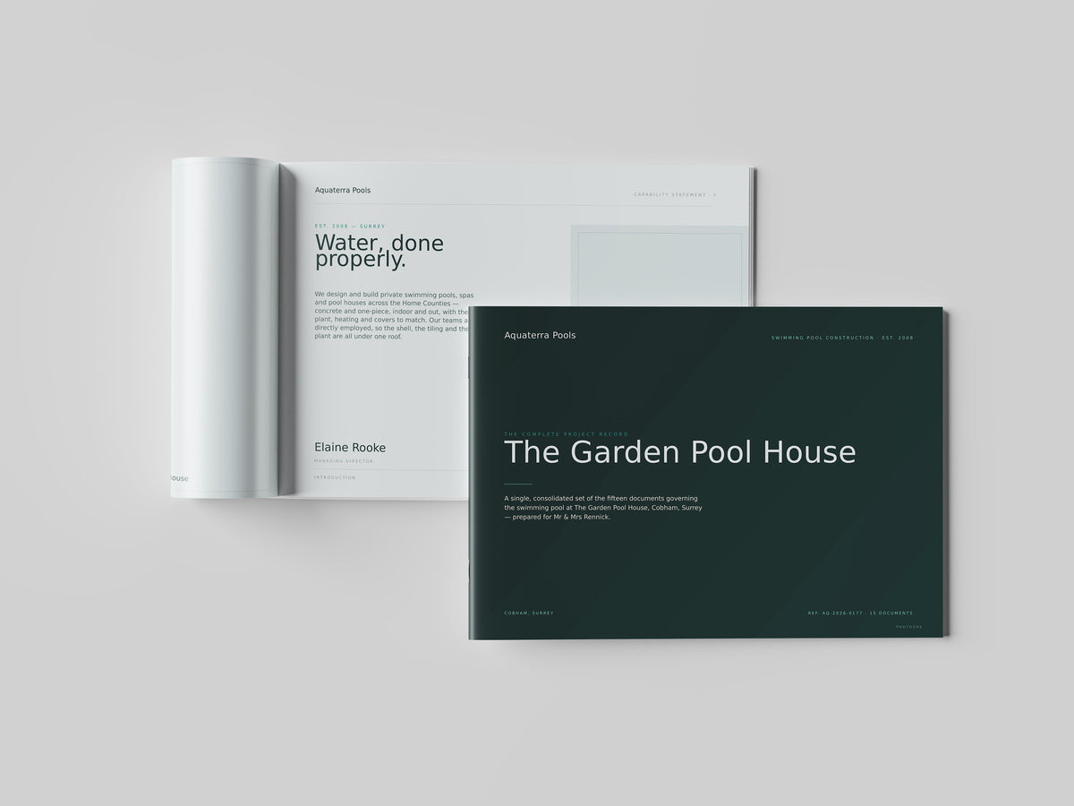 Swimming Pool Builder Project Pack in PowerPoint, printed and open at an inside page