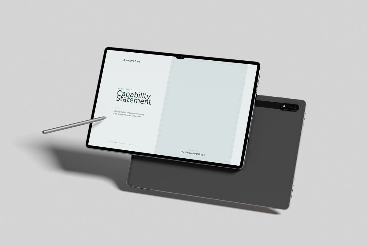 Swimming Pool Builder Project Pack in PowerPoint, inside pages shown on a tablet