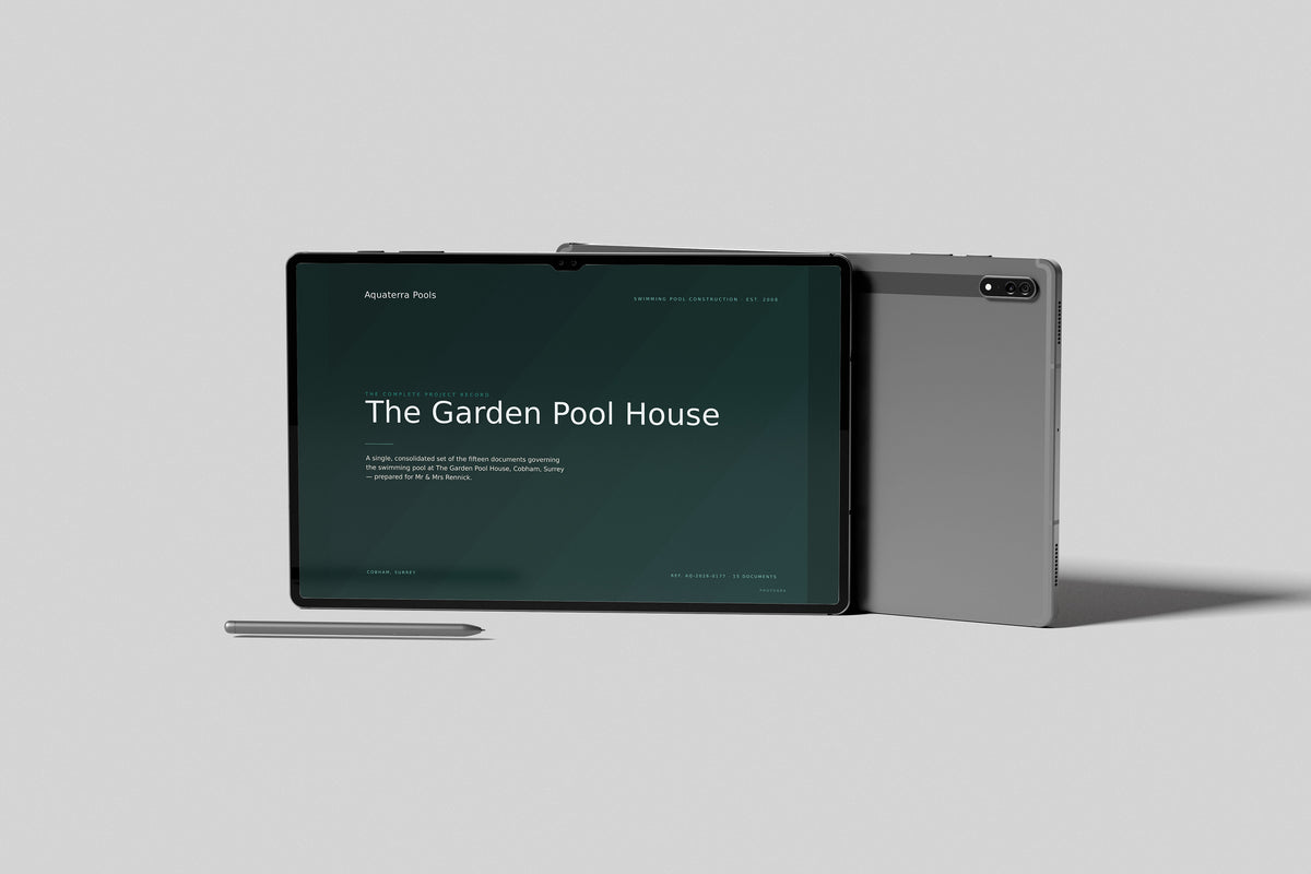 Swimming Pool Builder Project Pack in PowerPoint, shown on a tablet