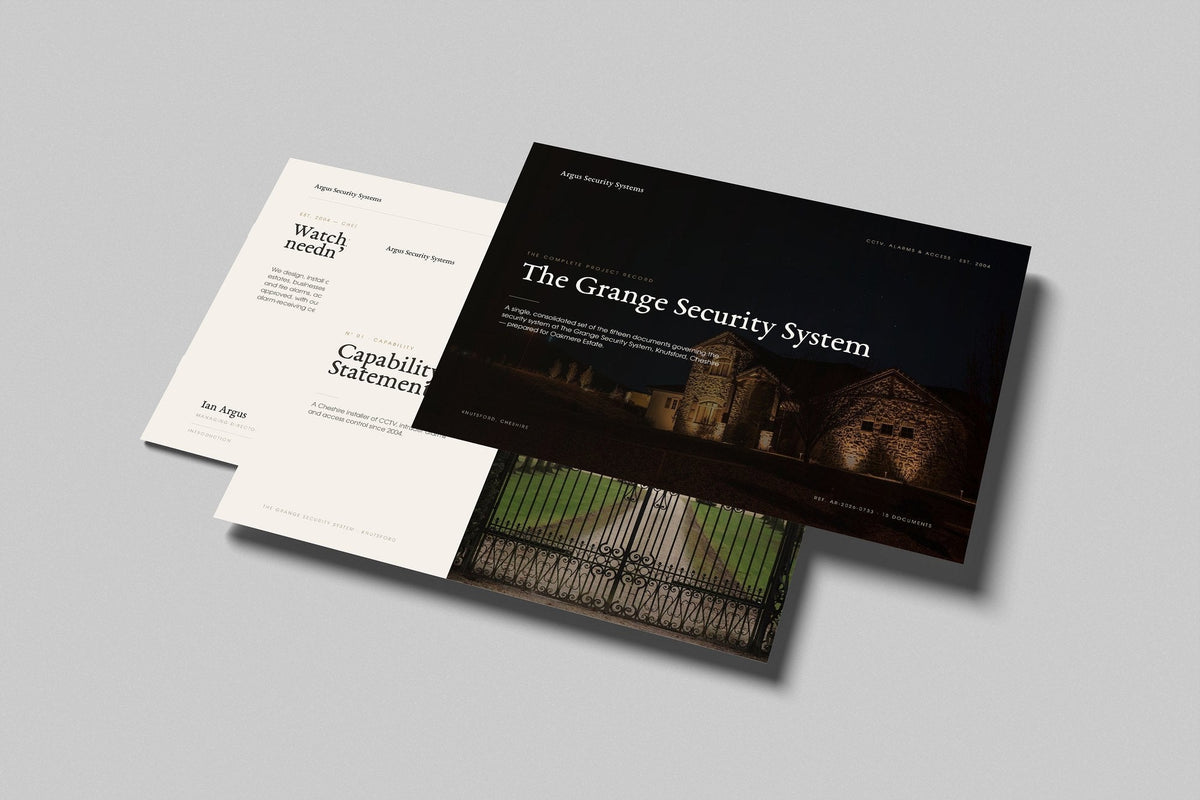 Security & CCTV Installer Project Pack in PowerPoint, printed pages floating