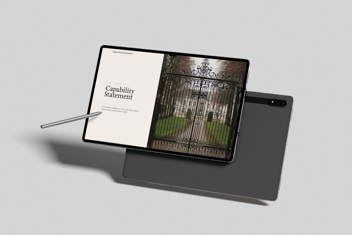 Security & CCTV Installer Project Pack in PowerPoint, inside pages shown on a tablet