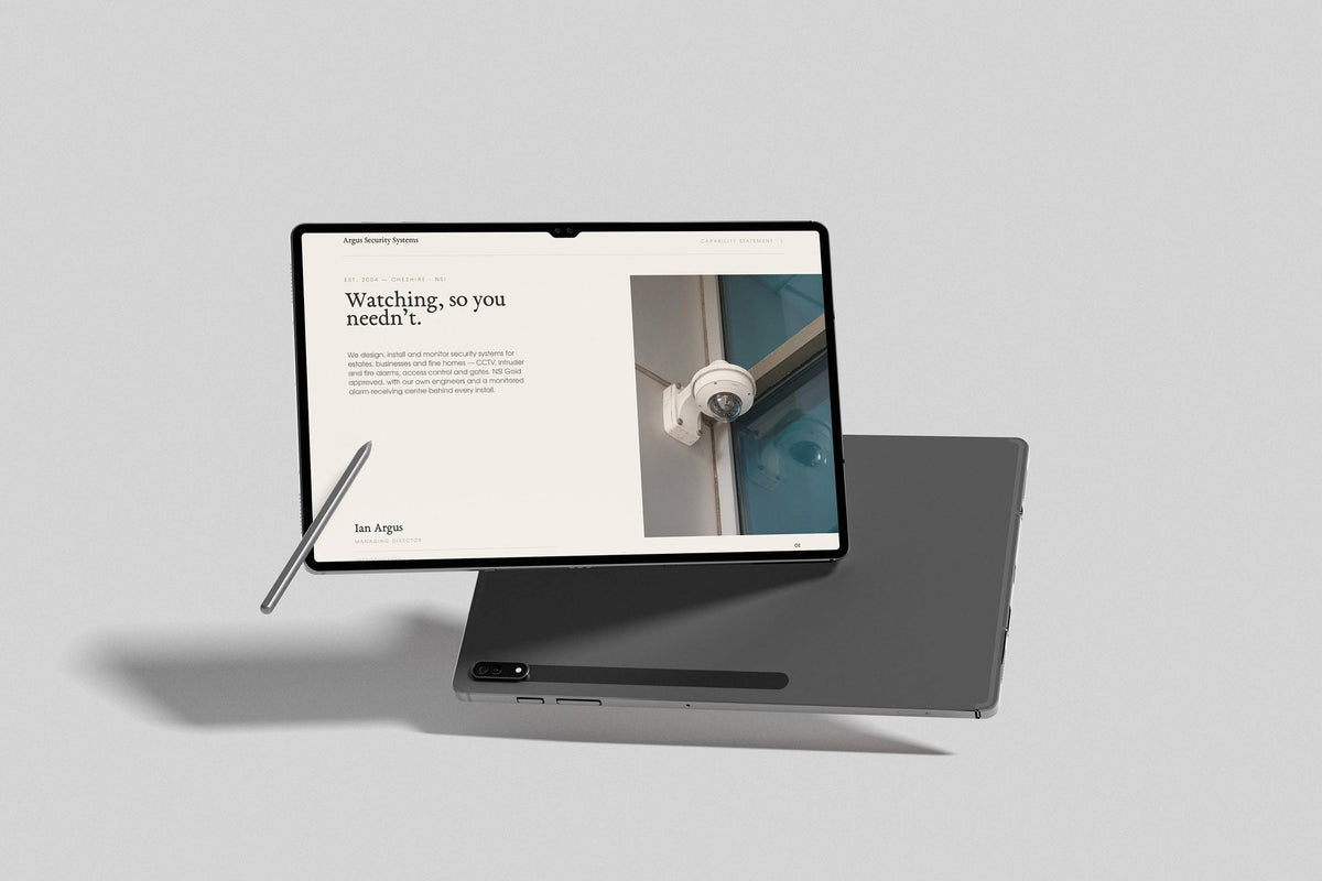 Security & CCTV Installer Project Pack in PowerPoint, inside pages shown on a tablet