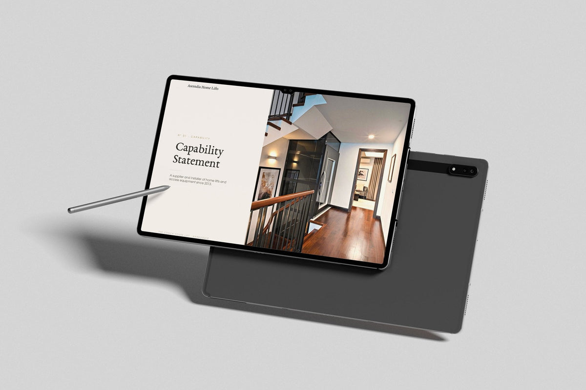 Home Lift Installer Project Pack in PowerPoint, inside pages shown on a tablet