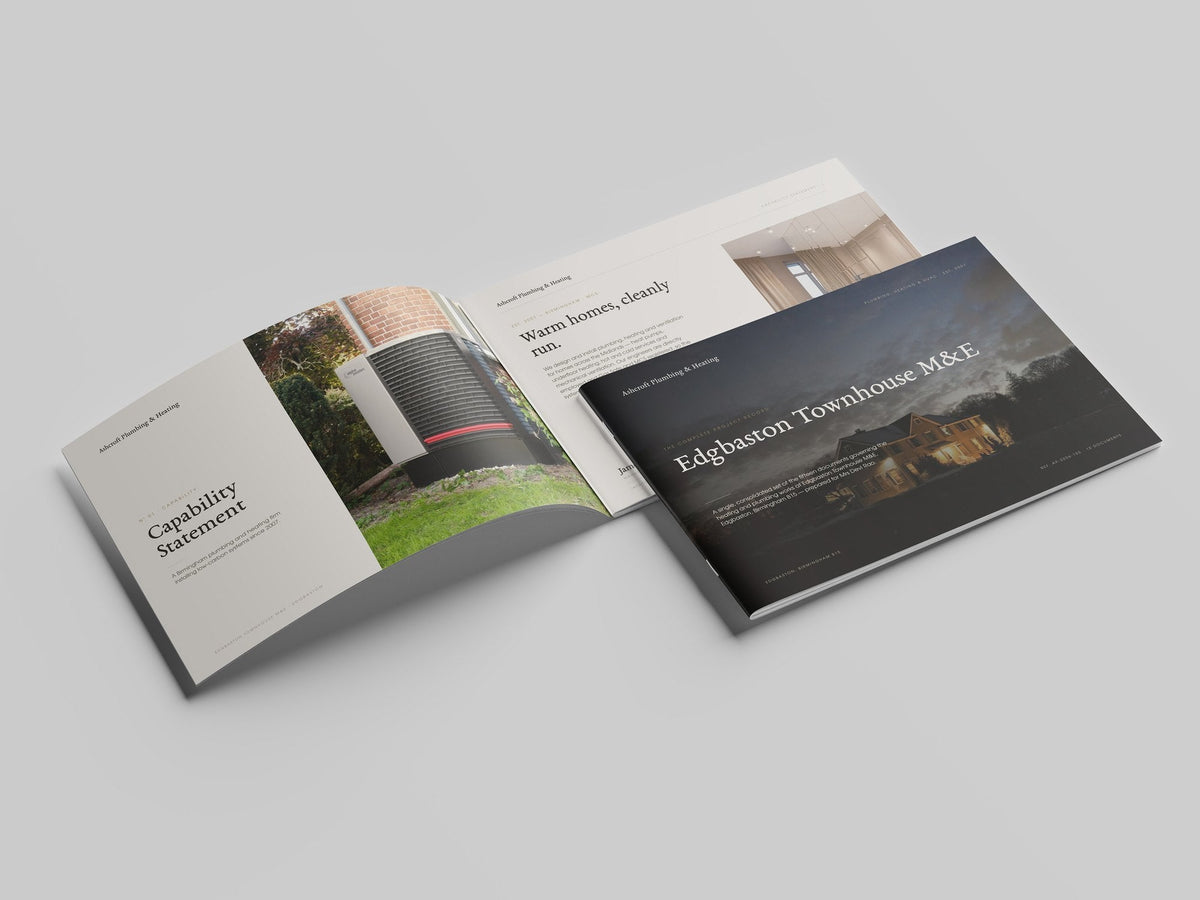 Plumbing & Heating Engineer Project Pack in PowerPoint, printed and open at the first pages