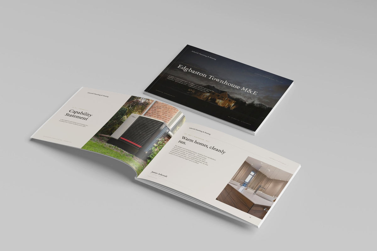 Plumbing & Heating Engineer Project Pack in PowerPoint, printed cover shown at an angle