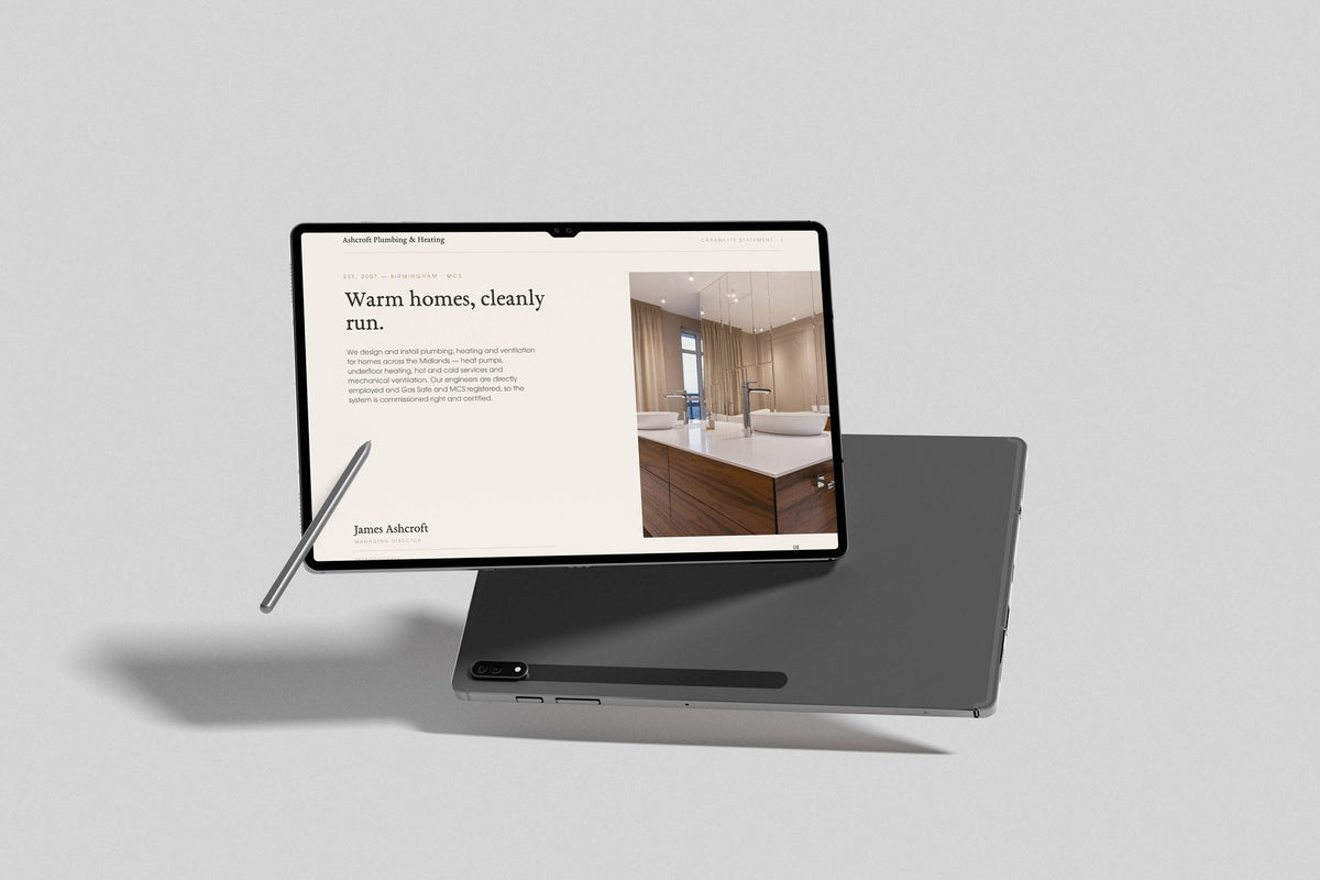 Plumbing & Heating Engineer Project Pack in PowerPoint, inside pages shown on a tablet