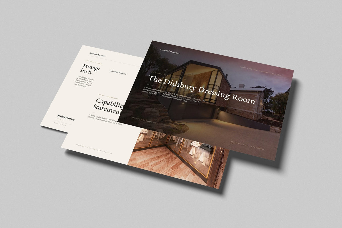 Fitted Wardrobe Installer Project Pack in PowerPoint, printed pages floating