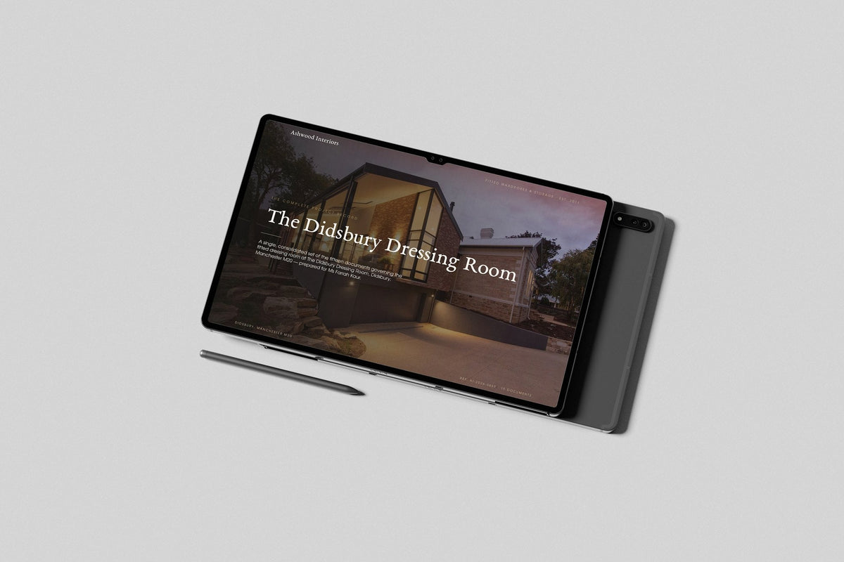 Fitted Wardrobe Installer Project Pack in PowerPoint, shown on a tablet