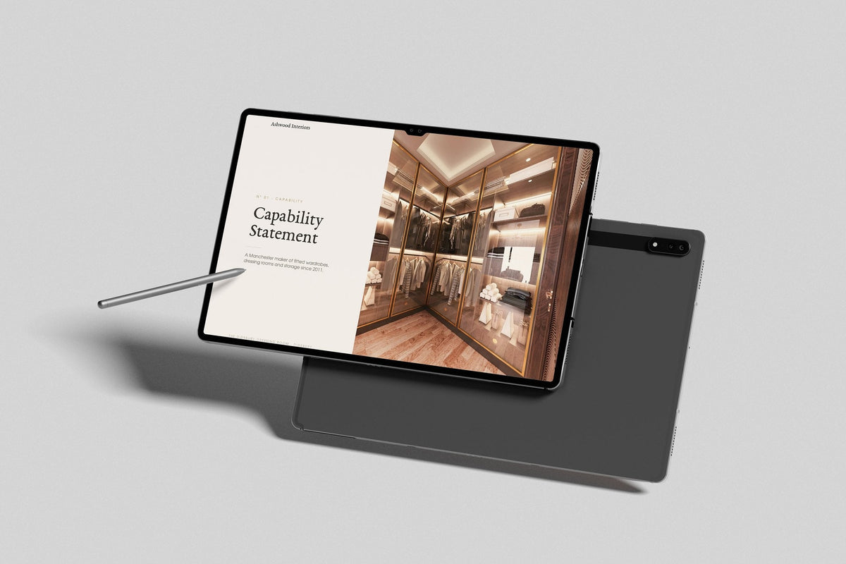 Fitted Wardrobe Installer Project Pack in PowerPoint, inside pages shown on a tablet