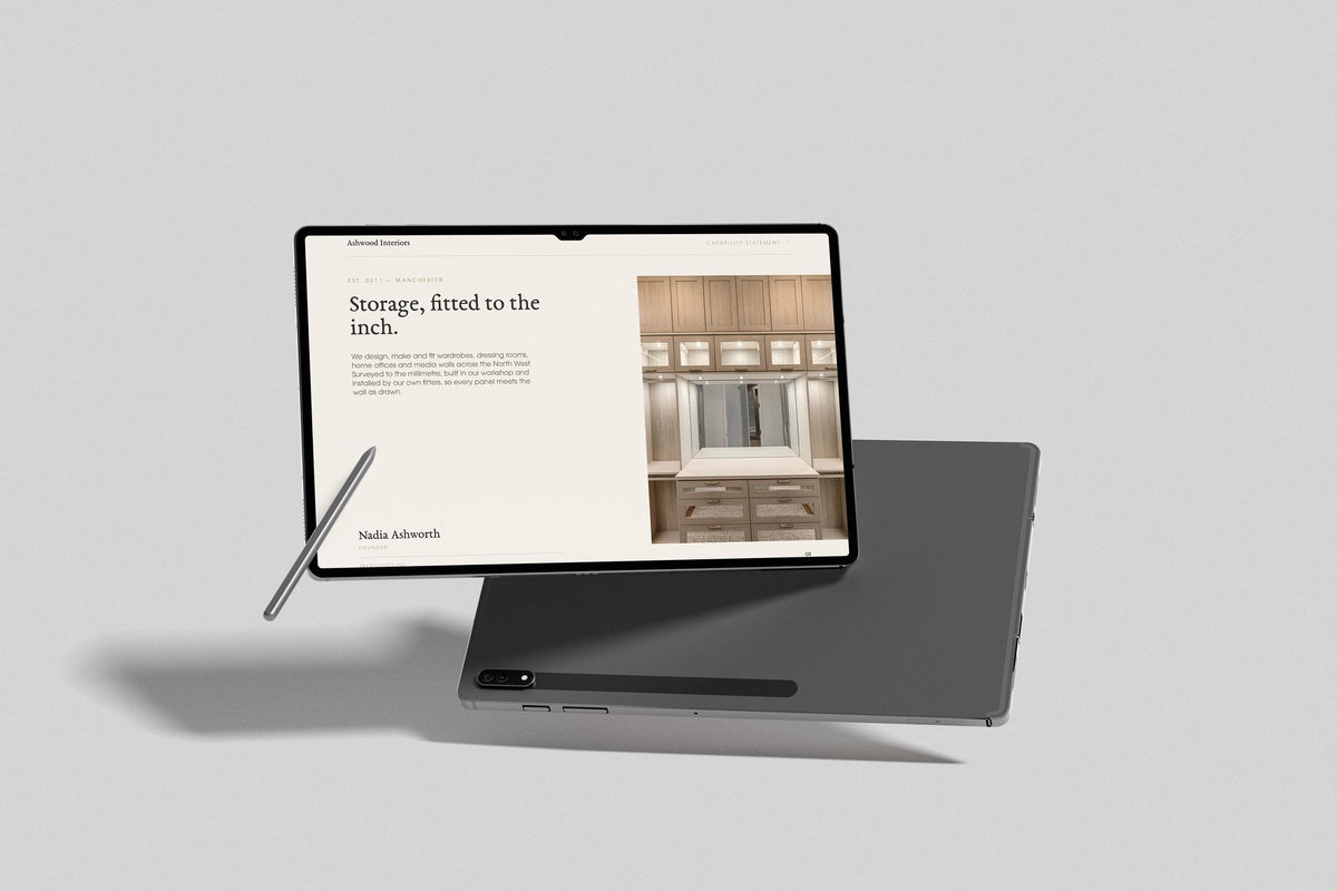 Fitted Wardrobe Installer Project Pack in PowerPoint, inside pages shown on a tablet