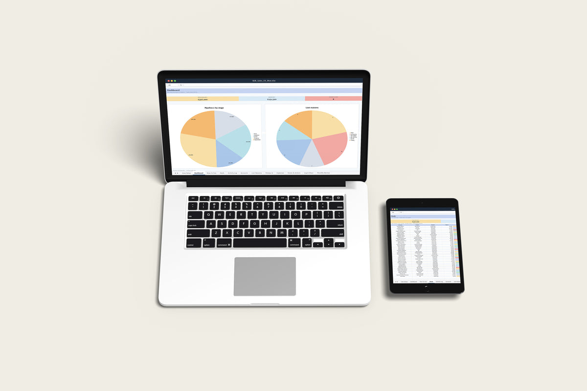 B2B Sales OS Excel template on a MacBook and iPad