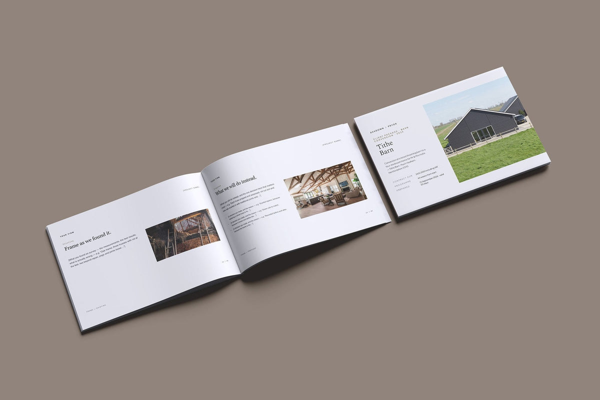 Barn Conversion Client Package, Slate colourway, cover and inside spread mockup