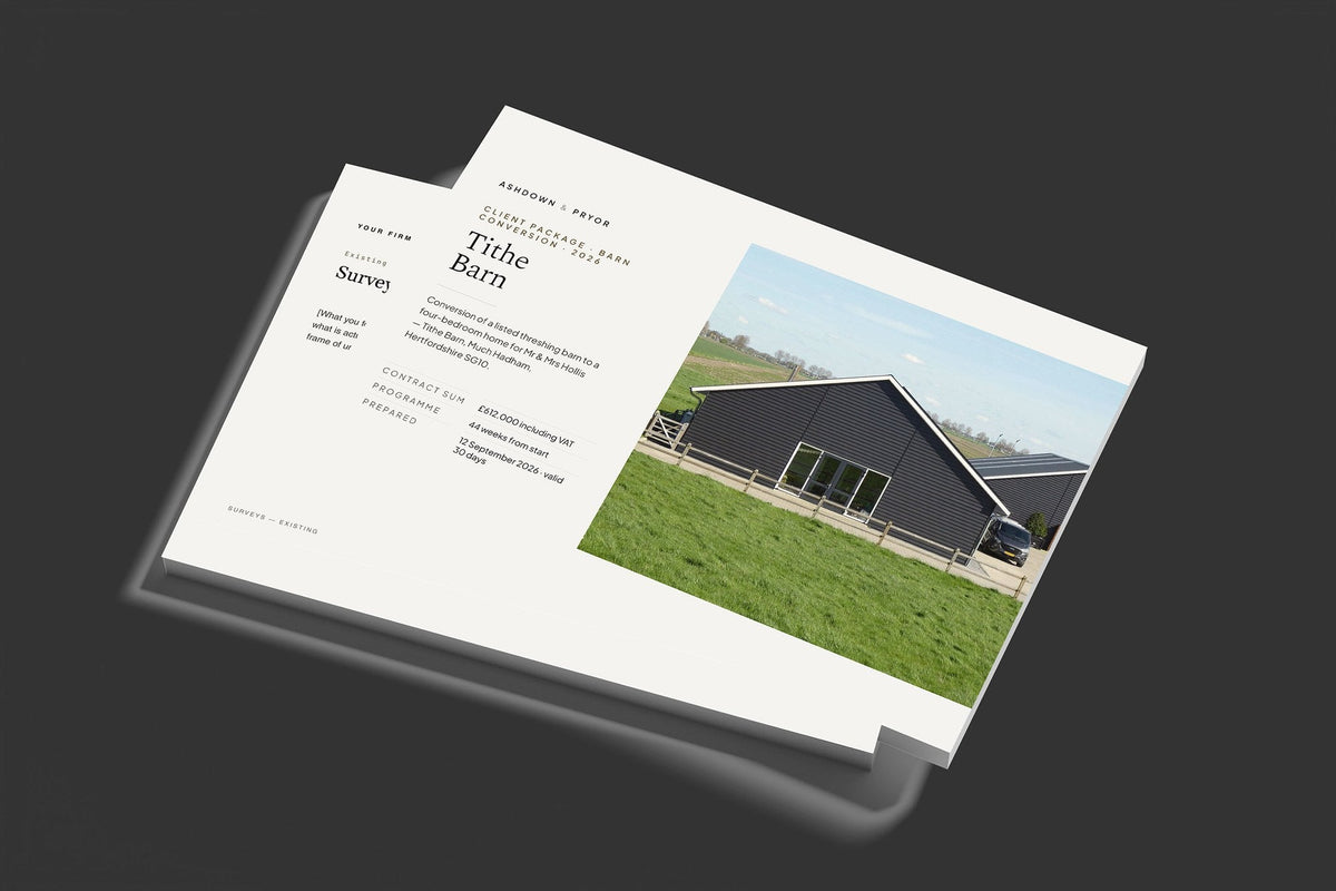 Barn Conversion Client Package, Standard colourway, stacked books mockup