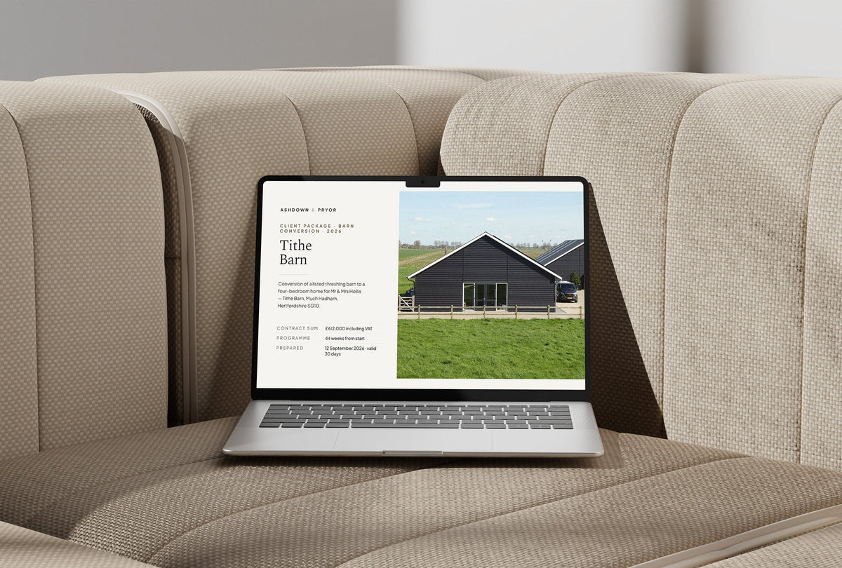 Barn Conversion Client Package, Standard colourway, laptop screen mockup