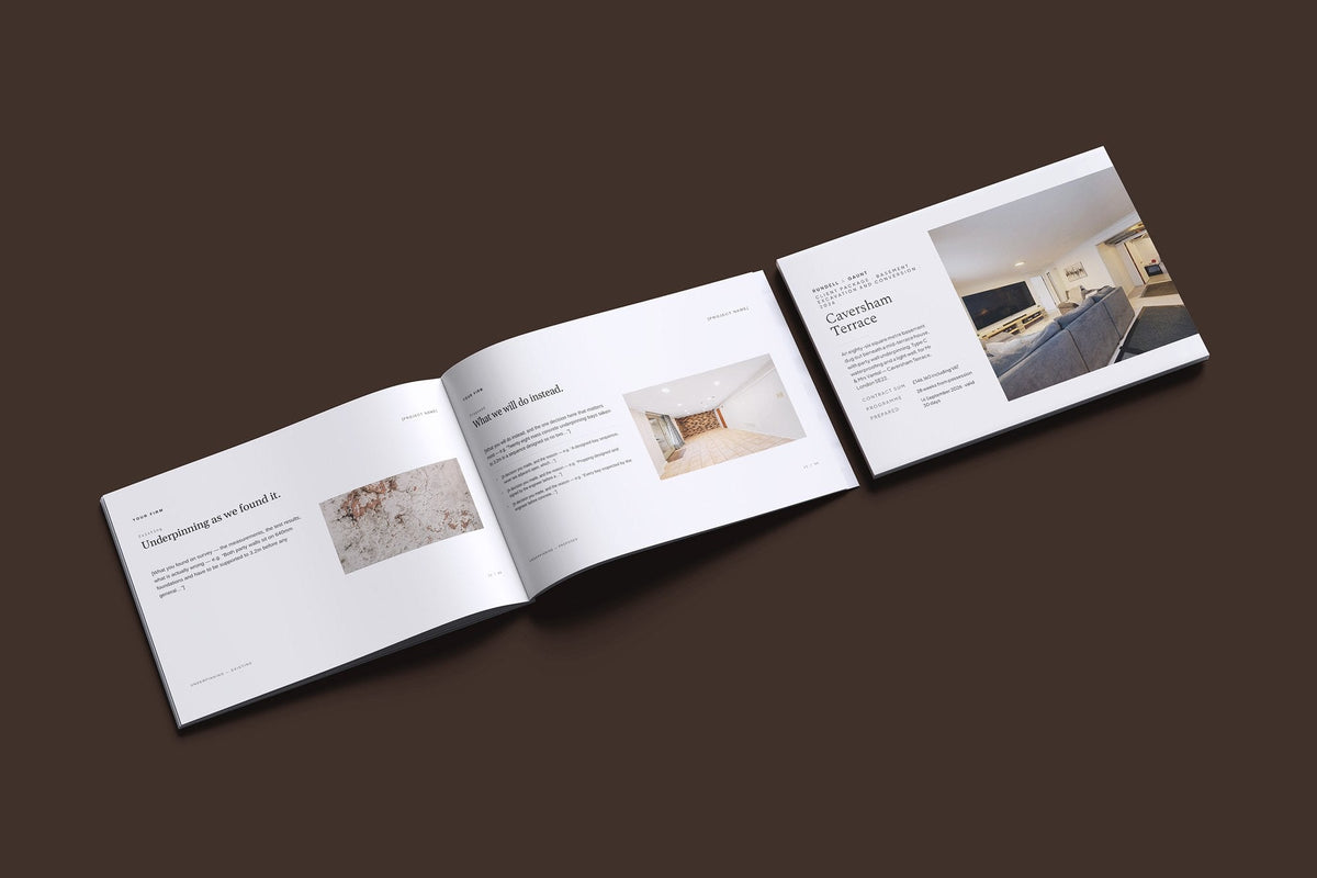 Basement Client Package, Ivory colourway, cover and inside spread mockup