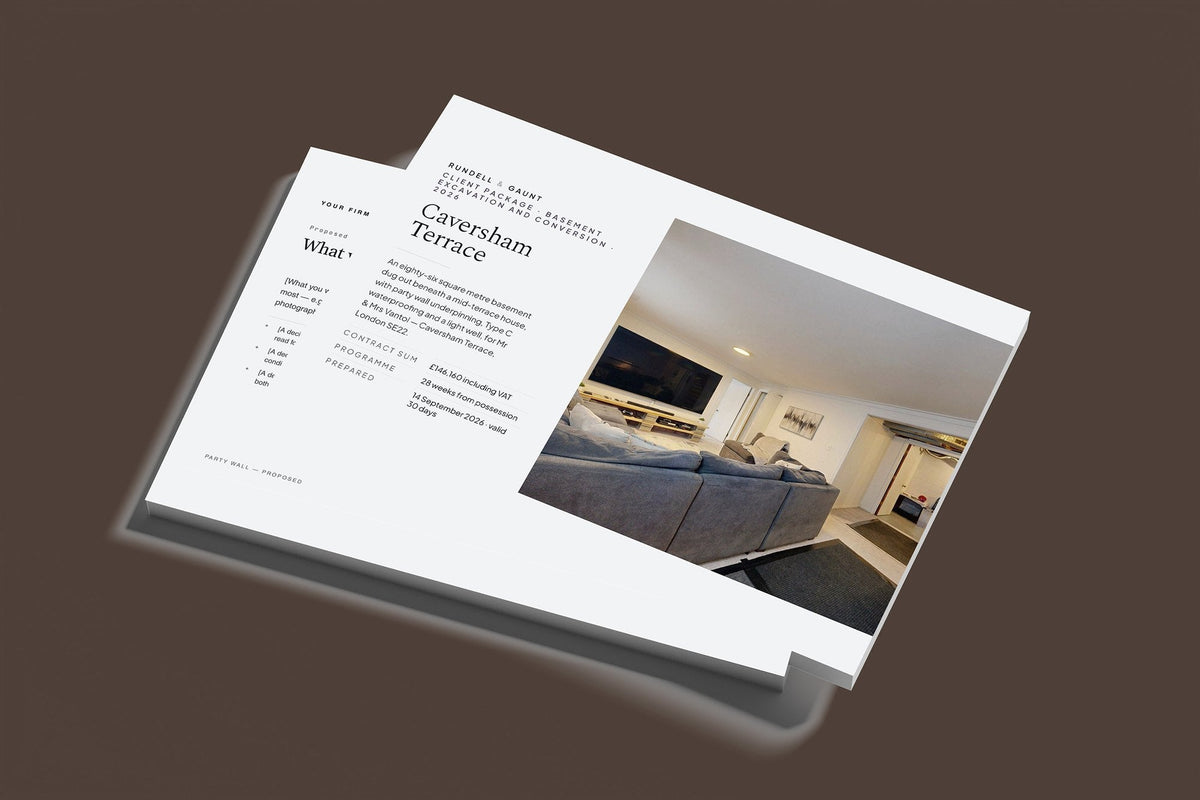 Basement Client Package, Slate colourway, stacked books mockup