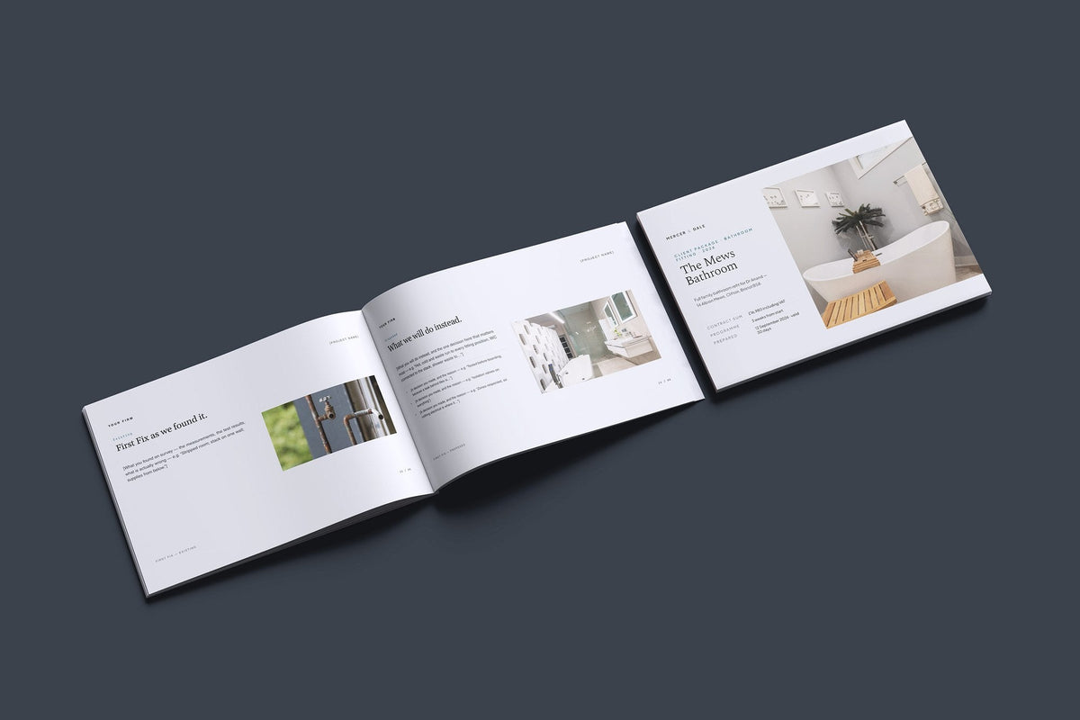 Bathroom Fitter Client Package, Slate colourway, cover and inside spread mockup