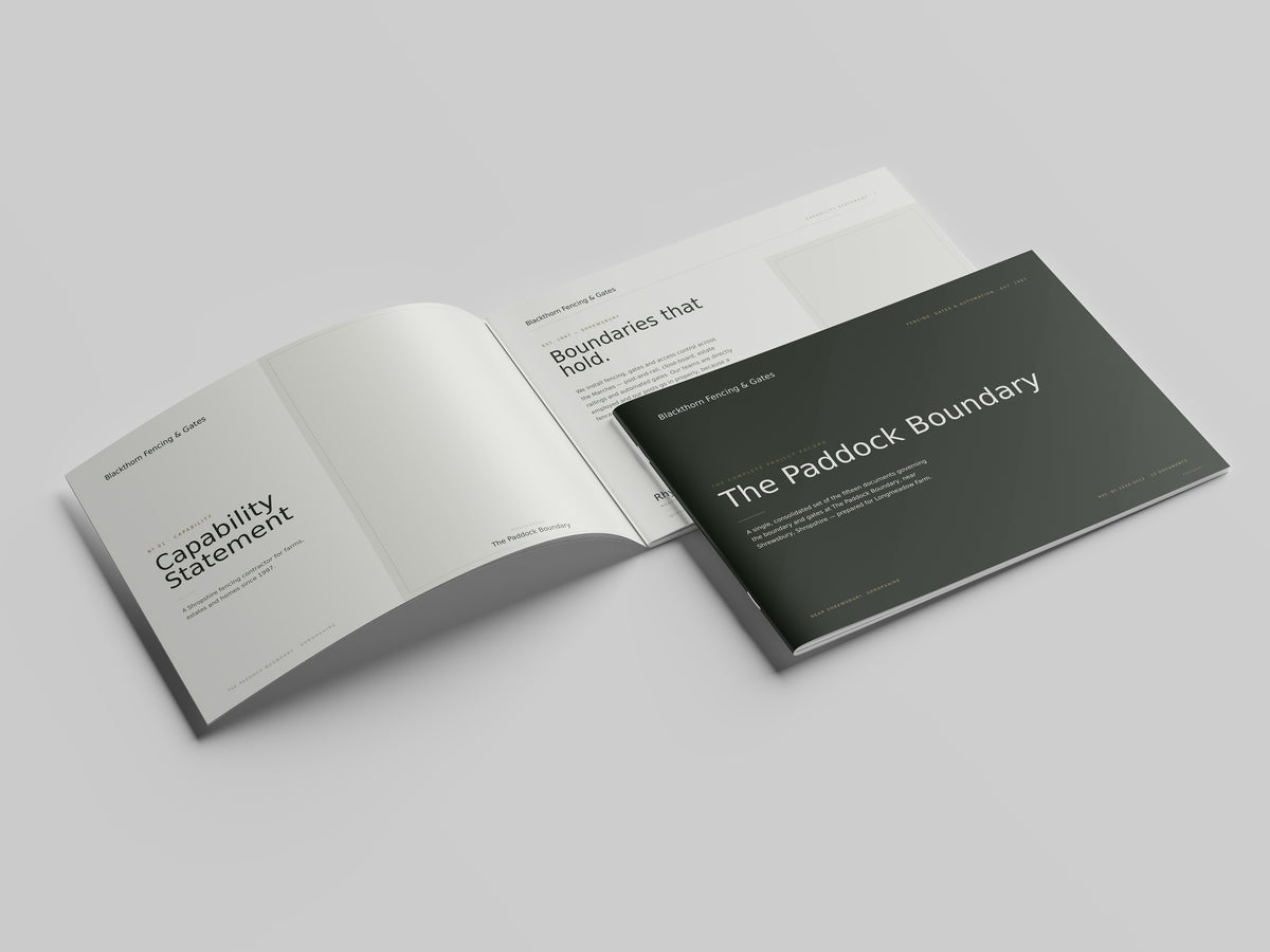 Fencing & Gate Installer Project Pack in PowerPoint, printed and open at the first pages