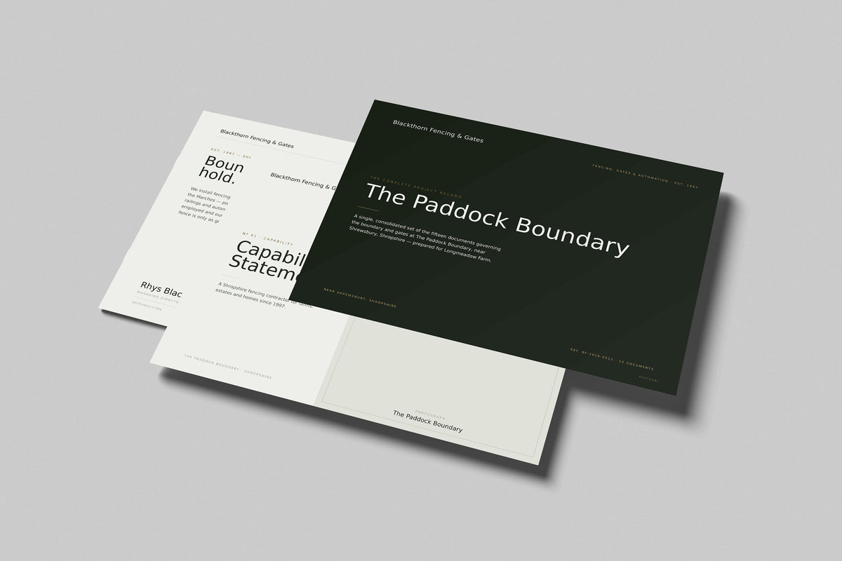 Fencing & Gate Installer Project Pack in PowerPoint, printed pages floating