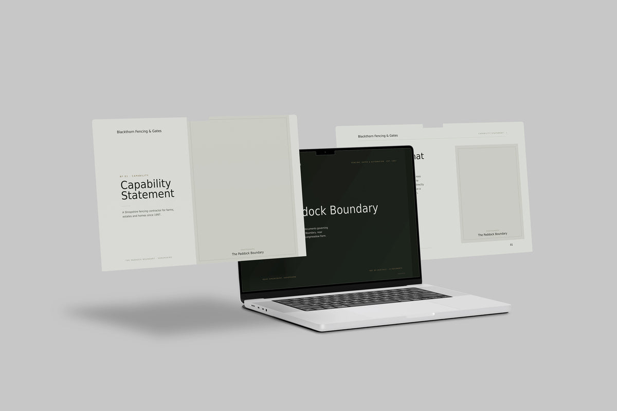 Fencing & Gate Installer Project Pack in PowerPoint, shown on laptop screens