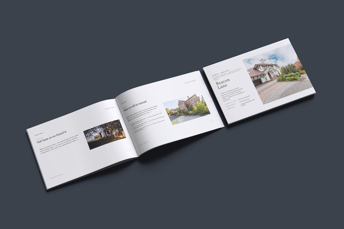 Block Paving Client Package, Oat colourway, cover and inside spread mockup