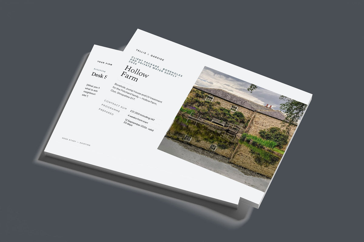 Borehole and Private Water Supply Client Package, Slate colourway, stacked books mockup