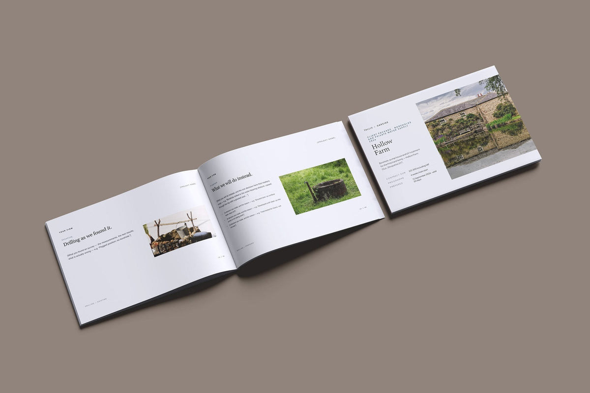Borehole and Private Water Supply Client Package, Slate colourway, cover and inside spread mockup