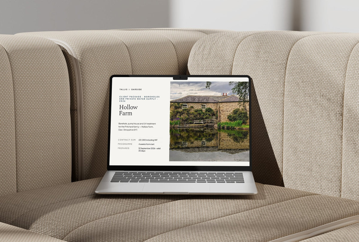 Borehole and Private Water Supply Client Package, Standard colourway, laptop screen mockup