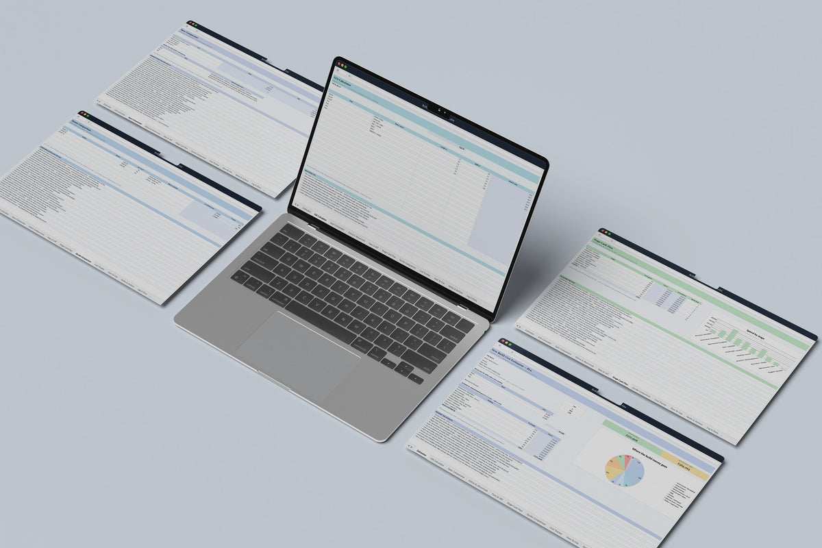 Build Cost Estimator Excel template, GIA Calculator tab on a laptop screen