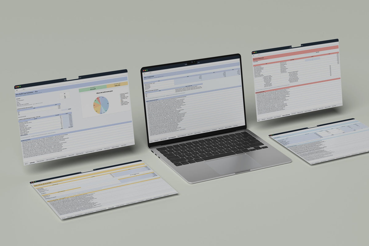 Build Cost Estimator Excel template, Spec Comparator tab on a laptop screen