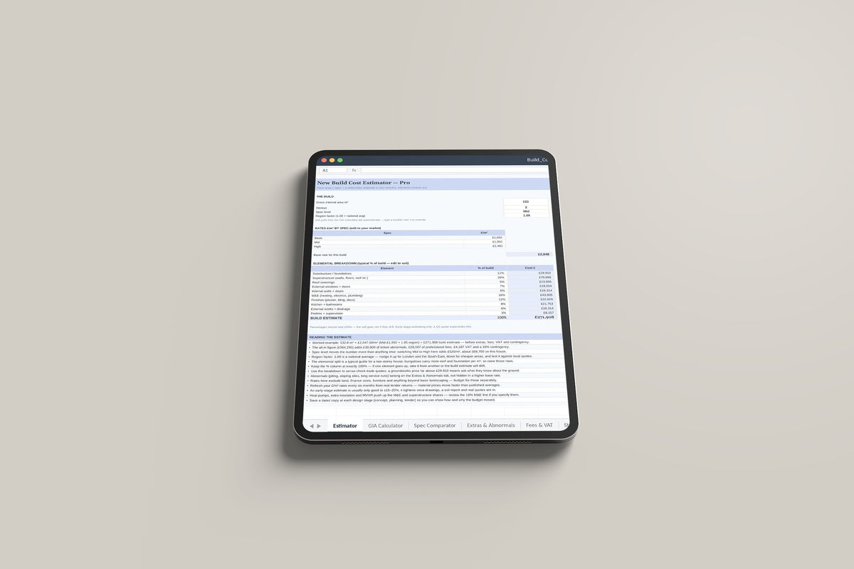 Build Cost Estimator Excel template on an iPad Pro