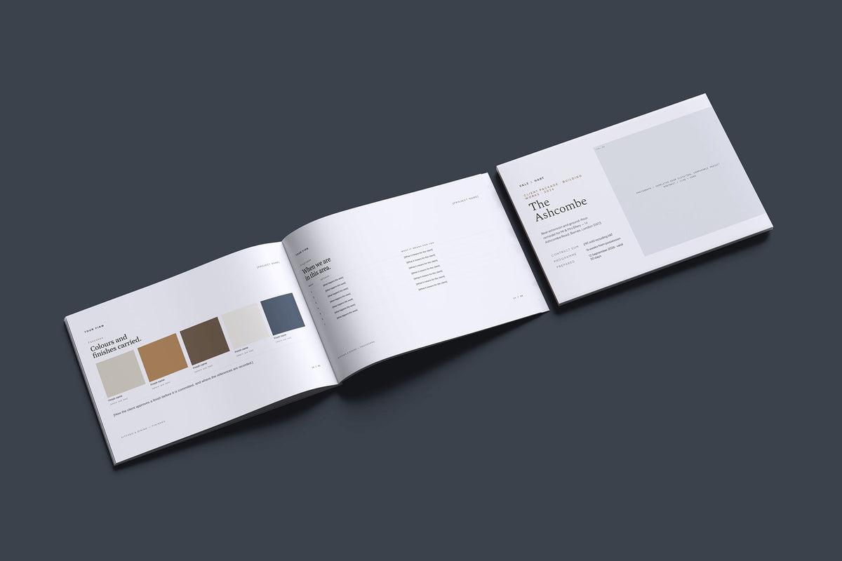 Builder Client Package, Slate colourway, cover and inside spread mockup