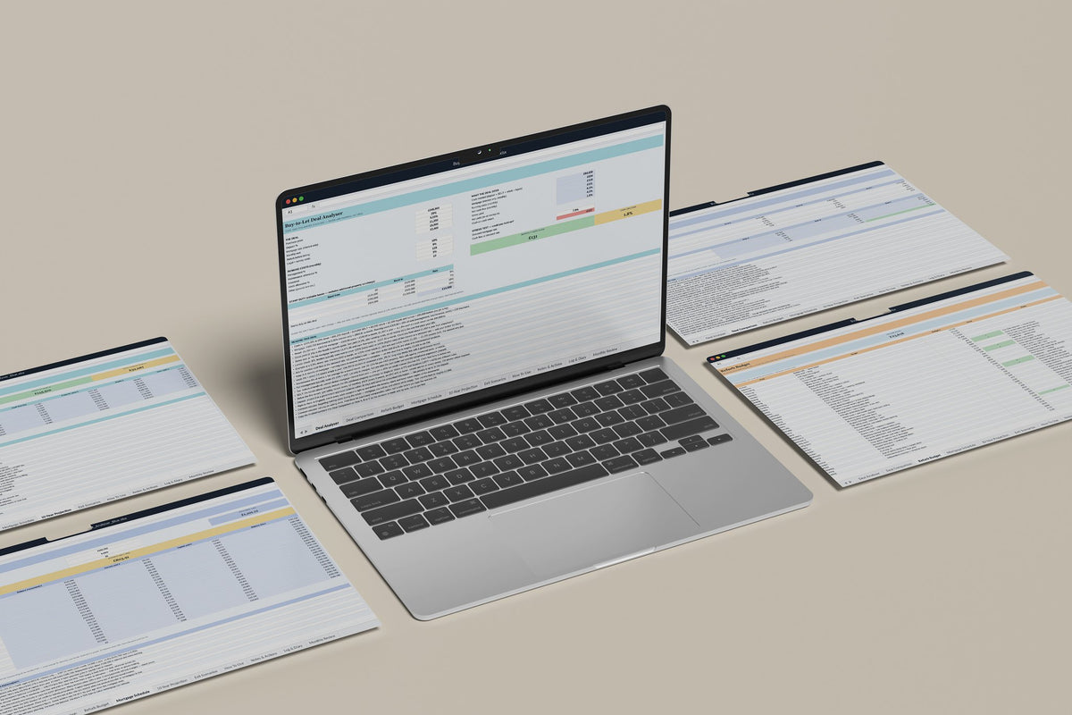 Buy to Let Analyser Excel template, Deal Analyser tab on a laptop screen