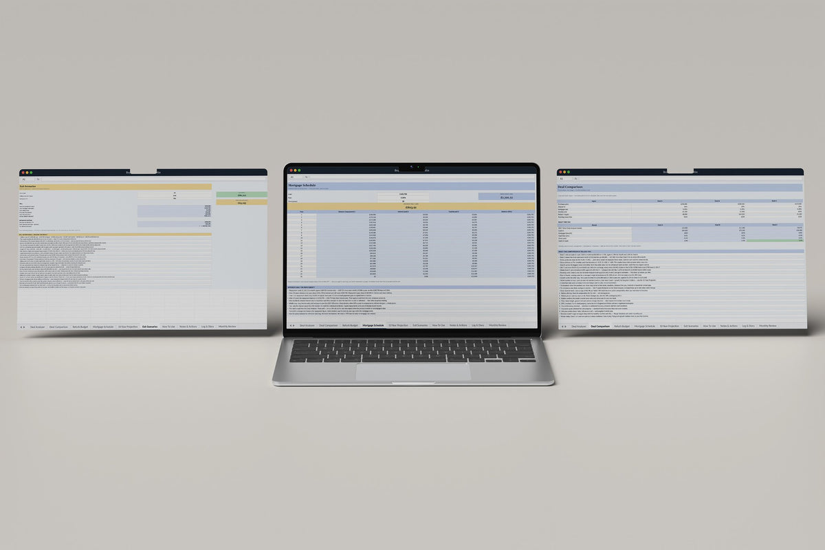 Buy to Let Analyser Excel template, Mortgage Schedule tab on a laptop screen