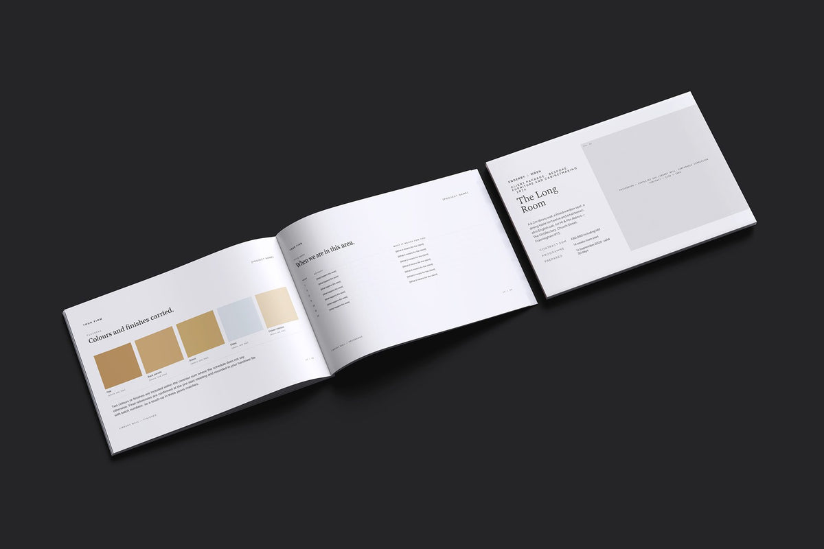 Cabinetmaker Client Package, Ivory colourway, cover and inside spread mockup