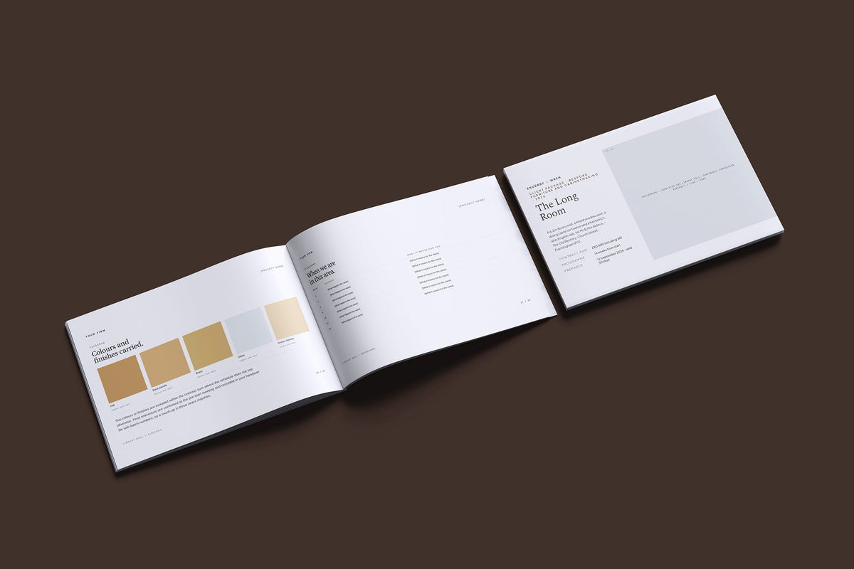 Cabinetmaker Client Package, Slate colourway, cover and inside spread mockup