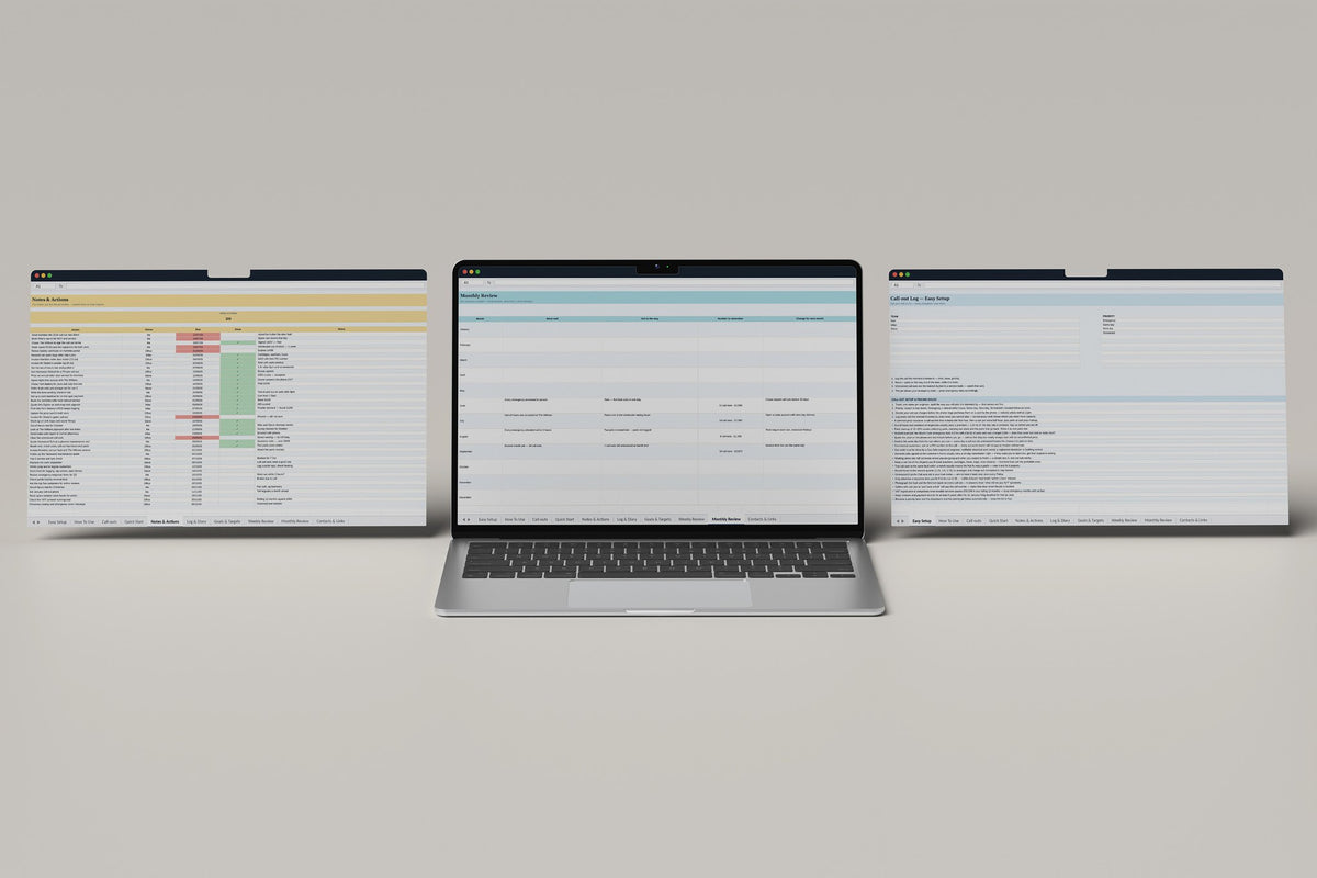 Call Out Log Excel template, Monthly Review tab on a laptop screen