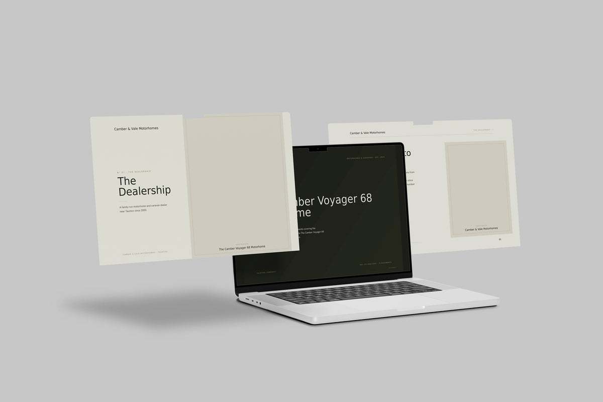 Motorhome & Caravan Dealer Customer Pack in PowerPoint, shown on laptop screens